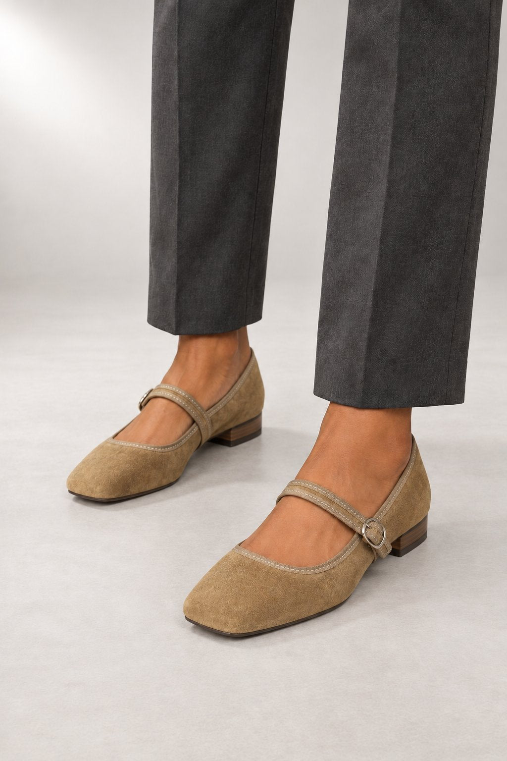 Mary Jane Shoes — Square Toe & Single Buckle Strap — Khaki studio view
