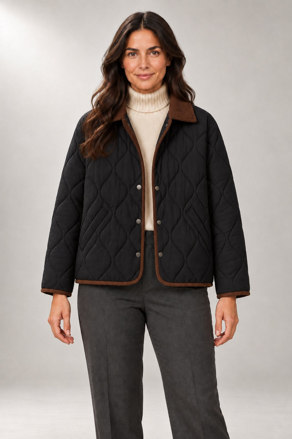 Solenne Quilted Jacket — Contrast Collar & Trim — Black studio view