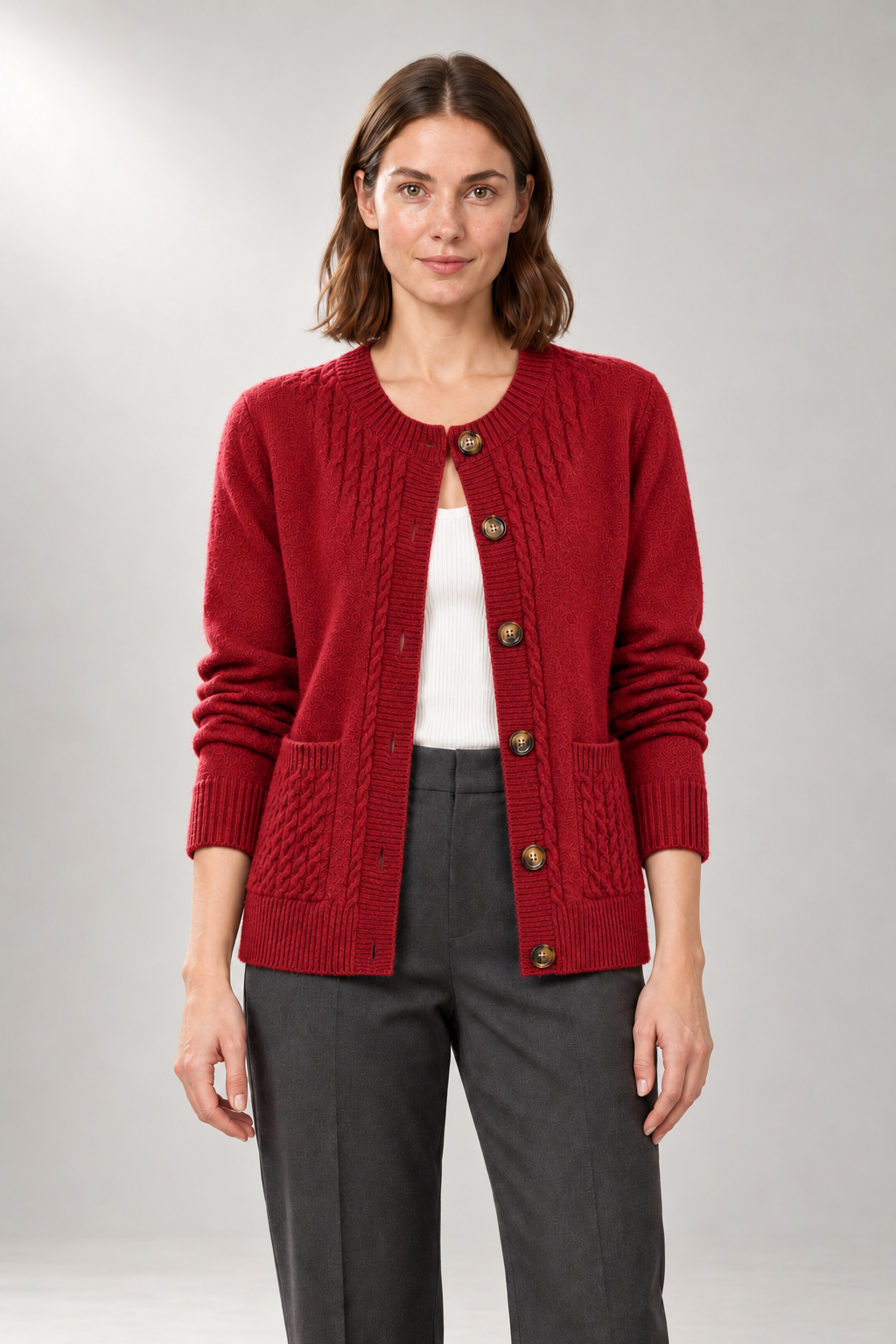 Abigail Cable Cardigan — Button Front & Patch Pockets — Red studio view