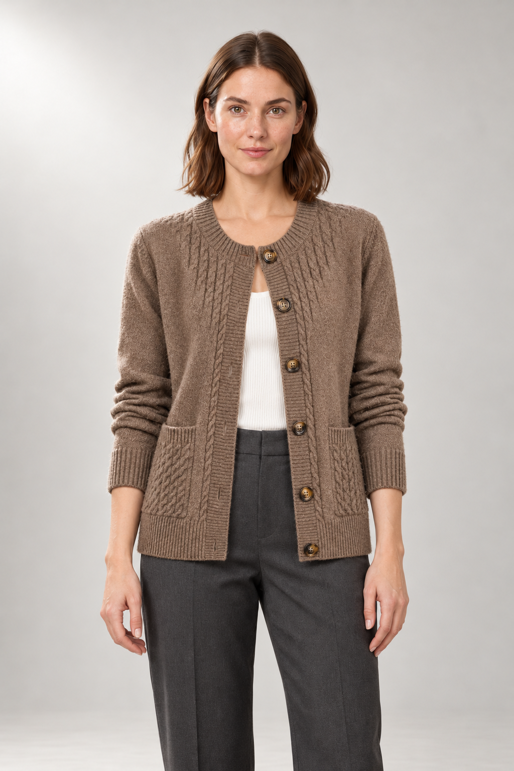 Abigail Cable Cardigan — Button Front & Patch Pockets — Khaki studio view