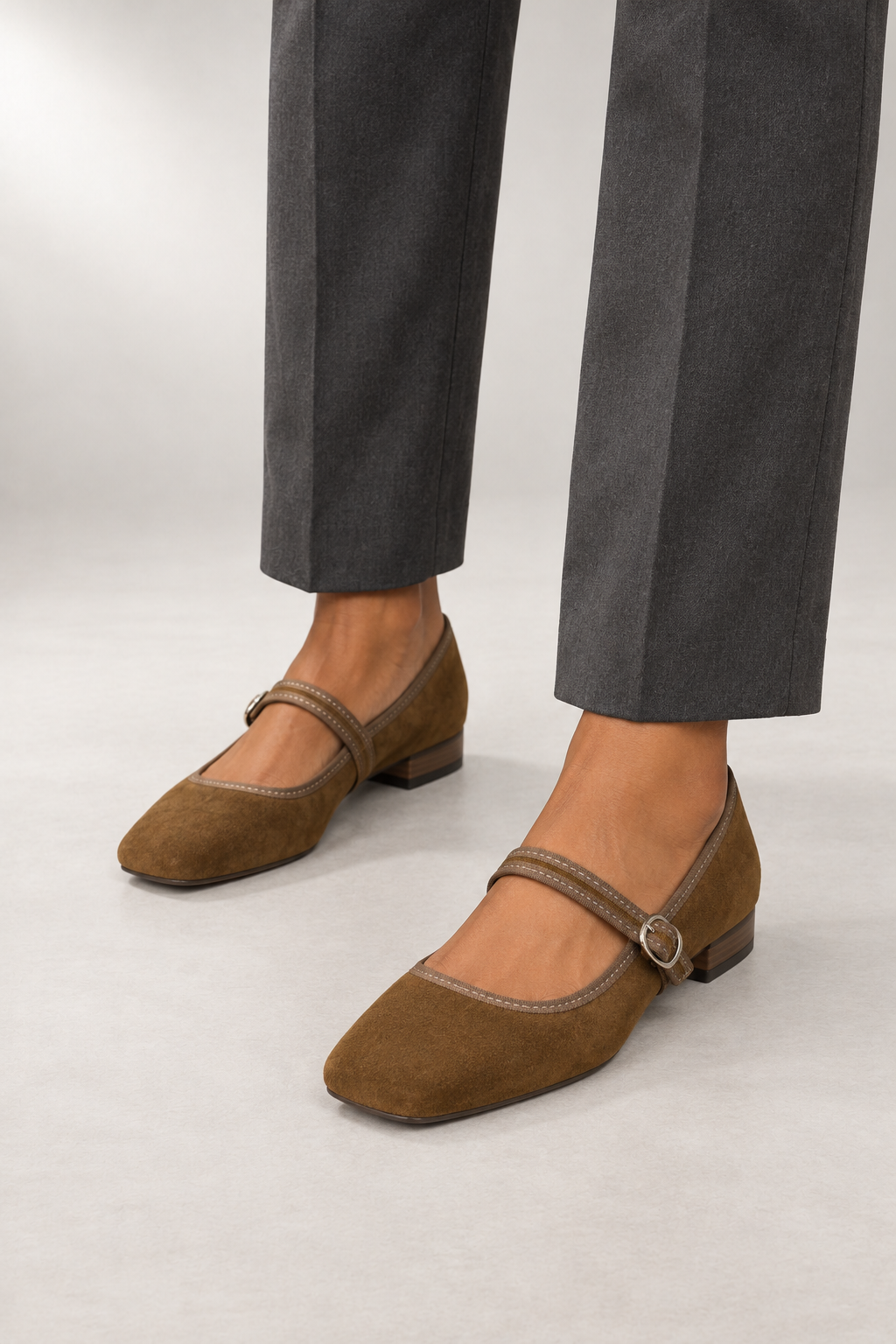 Mary Jane Shoes — Square Toe & Single Buckle Strap — Coffee Brown studio view