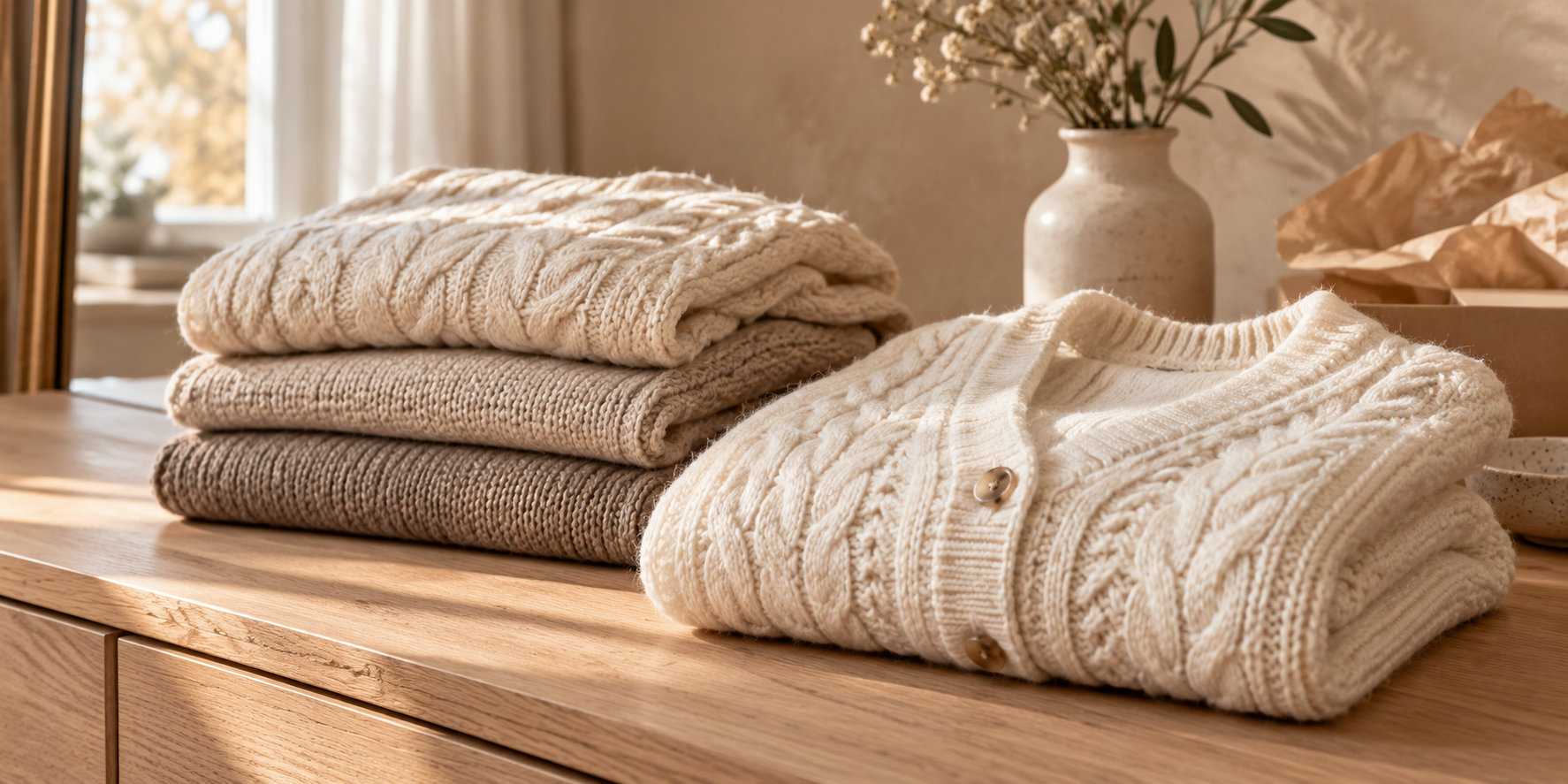 Soft neutral knitwear folded on an oak table