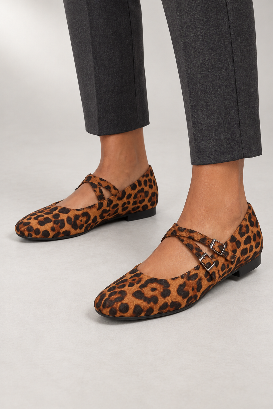 Double-Strap Mary Janes — Buckle-Detail Flats — Leopard studio view