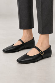 Penny Mary Jane Flats — Square Toe & Buckle Strap — Black studio view