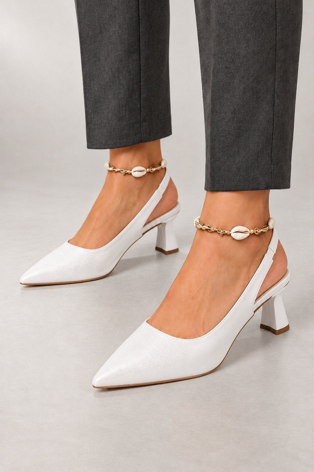 Joanne Slingback Heels — Pointed Toe & Kitten Heel — White studio view