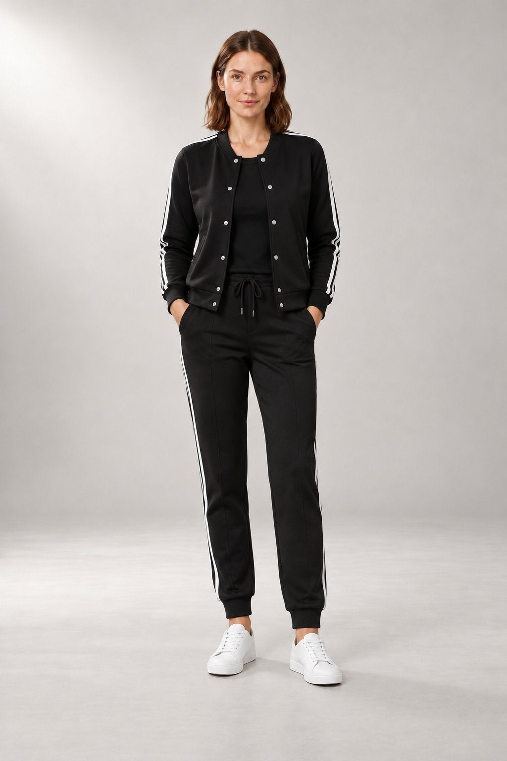 Three-Piece Bomber Tracksuit — Jacket, Top & Joggers — Black studio view