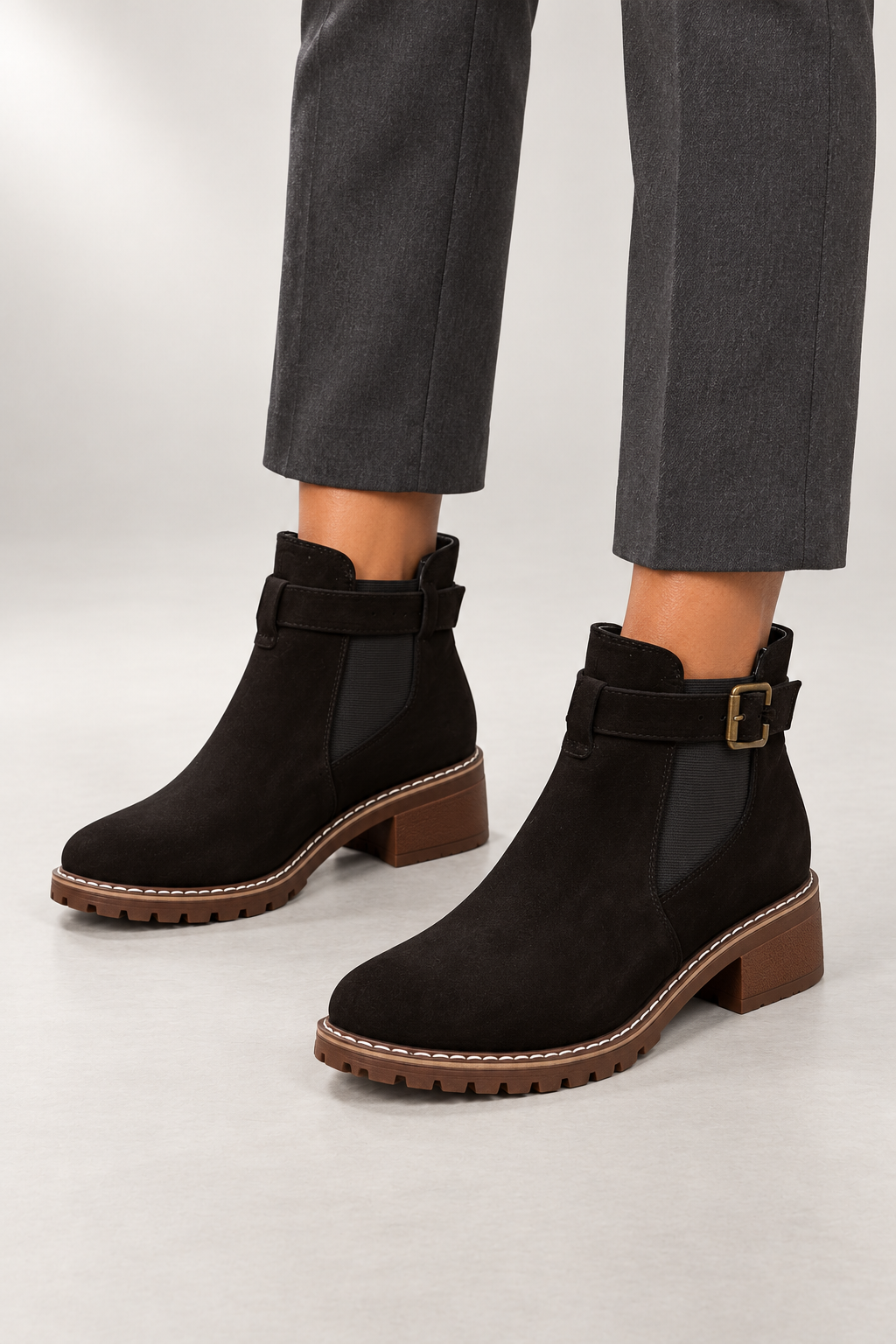 Vivienne Chelsea Boots — Buckle Strap & Block Heel — Black studio view