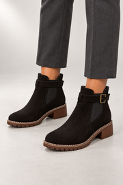 Vivienne Chelsea Boots — Buckle Strap & Block Heel — Black studio view