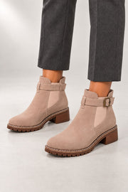 Vivienne Chelsea Boots — Buckle Strap & Block Heel — Light Pink studio view