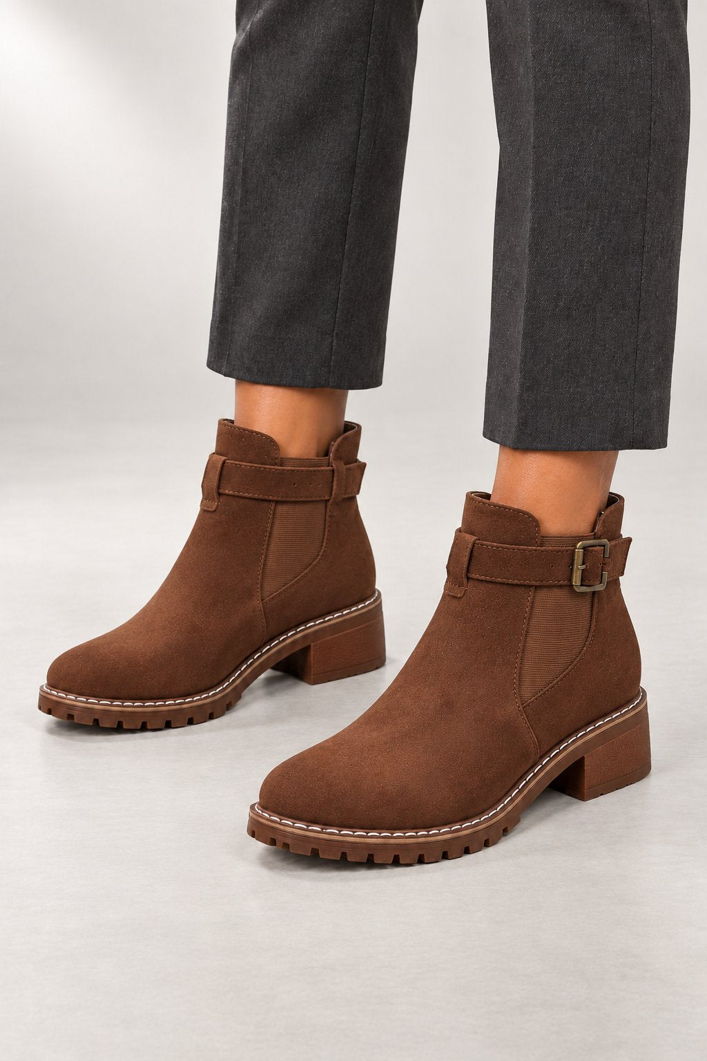 Vivienne Chelsea Boots — Buckle Strap & Block Heel — Caramel Brown studio view