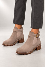 Vivienne Chelsea Boots — Buckle Strap & Block Heel — detail view in our studio