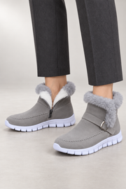 Morgan Ankle Boots — Plush Collar & Side Zip — Gray studio view