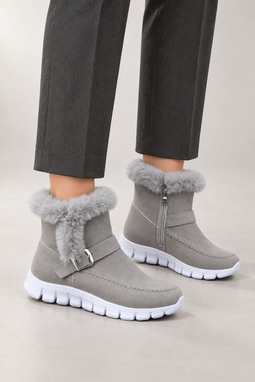 Adaline Ankle Boots — Textured Collar & Buckle Detail — Gray view