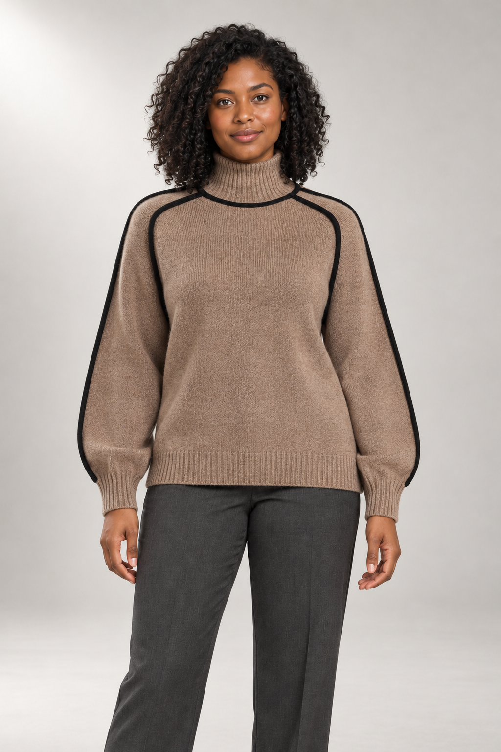 Marleno Turtleneck Sweater — Contrast Edge Detail — Light Brown studio view