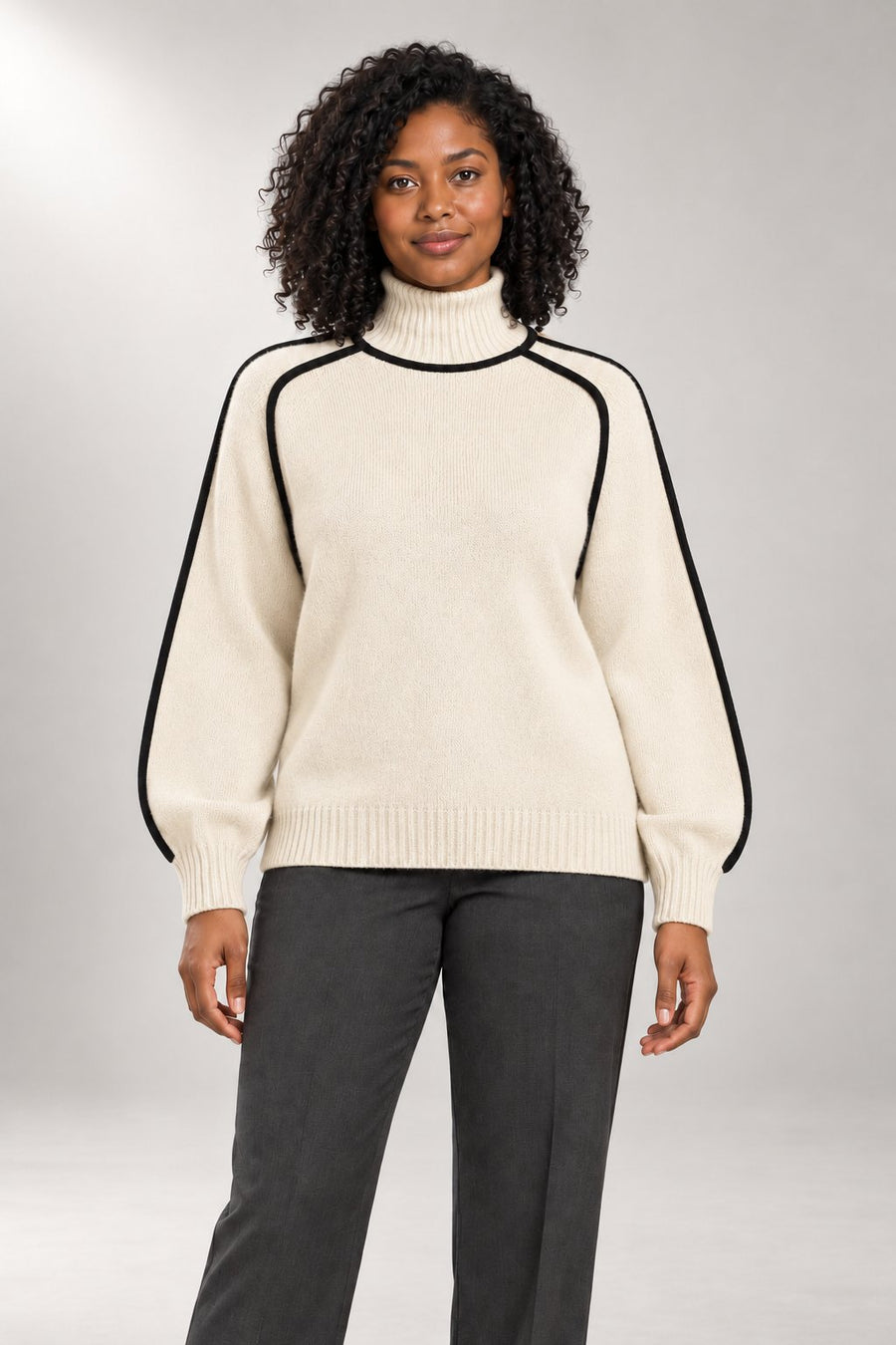 Marleno Turtleneck Sweater — Contrast Edge Detail — Beige studio view