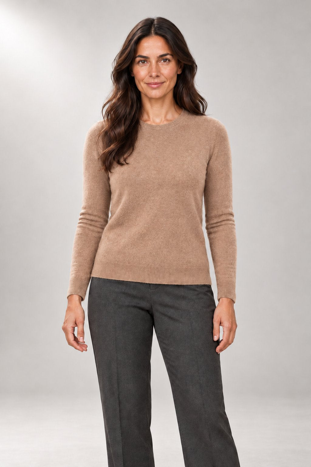 Claire Crew-Neck Sweater — Smooth Knit & Ribbed Trim — Mustard Brown studio view
