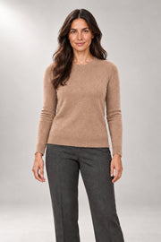 Claire Crew-Neck Sweater — Smooth Knit & Ribbed Trim — Mustard Brown studio view