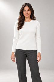 Claire Crew-Neck Sweater — Smooth Knit & Ribbed Trim — Gray White studio view