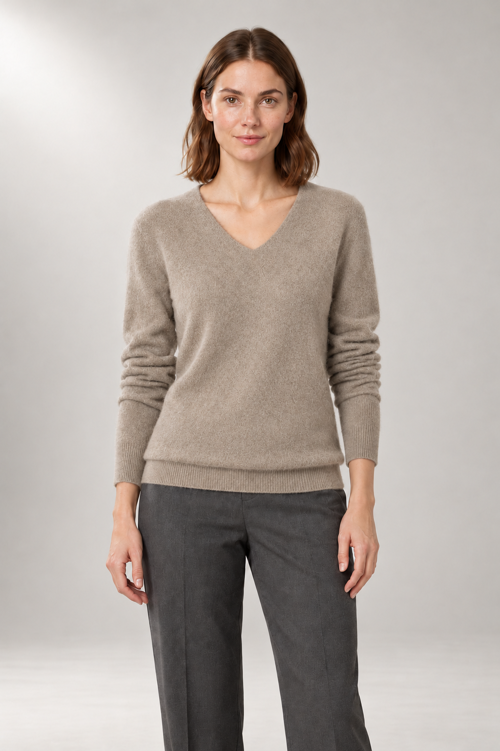 Alessia V-Neck Sweater — Relaxed Fit & Ribbed Trim — Beige view