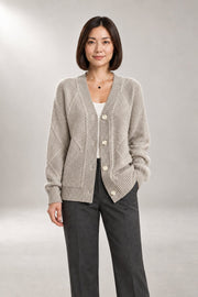 Brigitta Cable Cardigan — Textured Button-Front Knit — Gray studio view