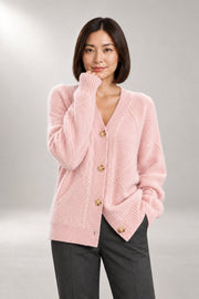 Brigitta Cable Cardigan — Textured Button-Front Knit — detail view in our studio