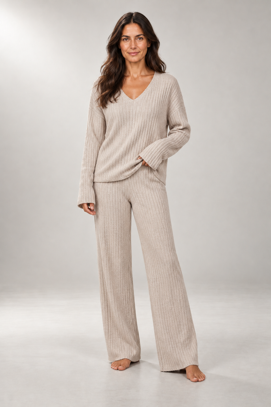 Adaline Ribbed Knit Set — V-Neck Sweater & Pants — Beige studio view