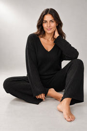 Adaline Ribbed Knit Set — V-Neck Sweater & Pants — detail view in our studio
