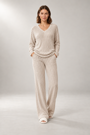 Charlotte-Claire Ribbed Set — Pullover & Wide-Leg Pants — Apricot studio view