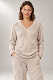 Charlotte-Claire Ribbed Set — Pullover & Wide-Leg Pants — detail view in our studio