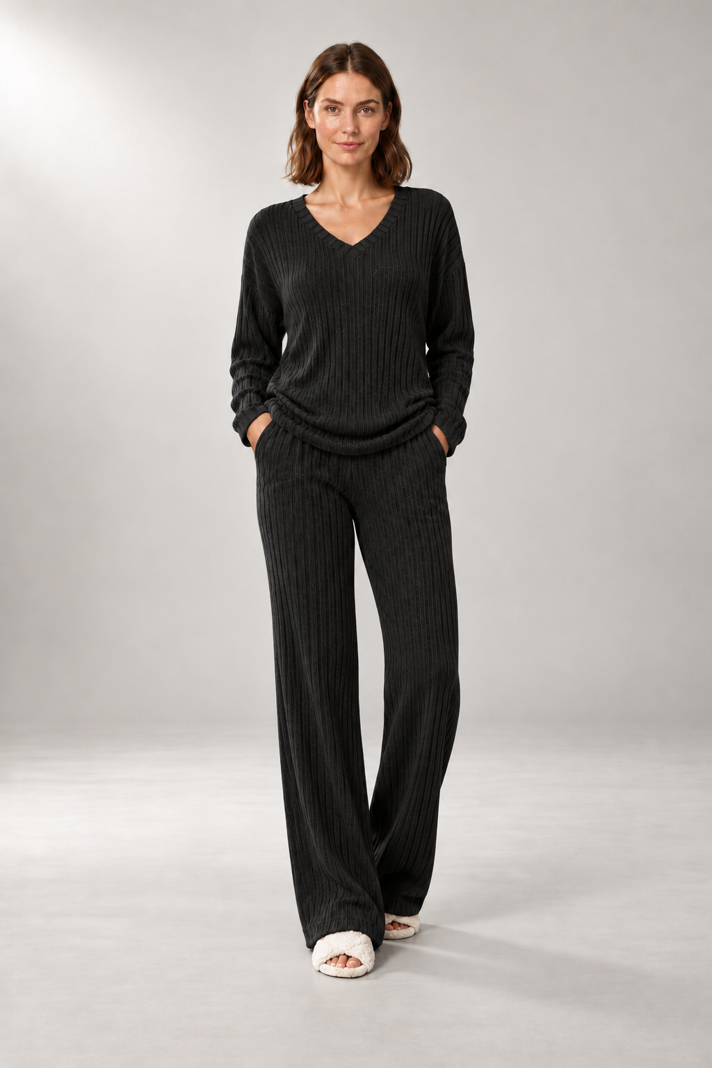 Charlotte-Claire Ribbed Set — Pullover & Wide-Leg Pants — Black studio view