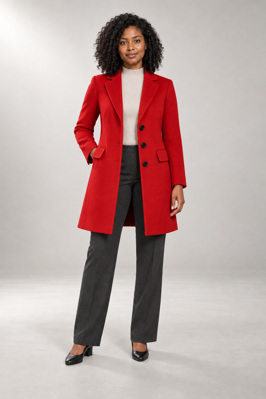 Simone Tailored Coat — Notched Lapels & Button Front — Red studio view