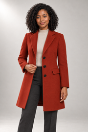 Simone Tailored Coat — Notched Lapels & Button Front — Brick Red studio view