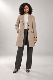 Simone Tailored Coat — Notched Lapels & Button Front — Dark Beige studio view