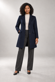 Simone Tailored Coat — Notched Lapels & Button Front — Dark Blue studio view