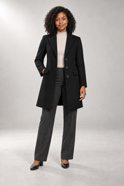 Simone Tailored Coat — Notched Lapels & Button Front — Black studio view