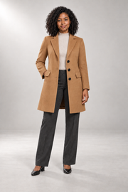 Simone Tailored Coat — Notched Lapels & Button Front — Brown studio view