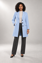 Simone Tailored Coat — Notched Lapels & Button Front — Blue studio view