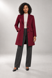 Simone Tailored Coat — Notched Lapels & Button Front — Burgundy studio view