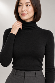 Iolanthe Turtleneck Sweater — Fine-Rib Fitted Knit — detail view in our studio