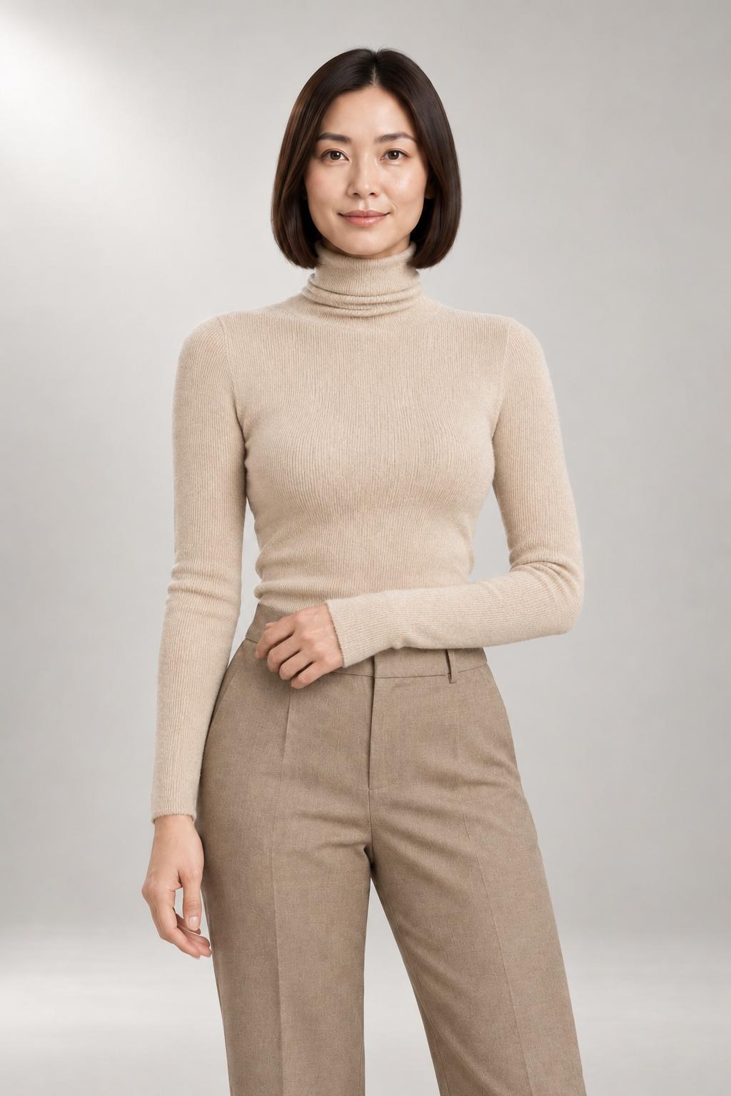 Iolanthe Turtleneck Sweater — Fine-Rib Fitted Knit — Oatmeal studio view