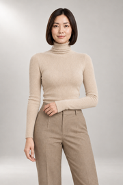 Iolanthe Turtleneck Sweater — Fine-Rib Fitted Knit — Oatmeal studio view