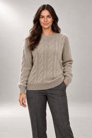 Sarah Cable-Knit Sweater — Ribbed Crew-Neck Pullover — Khaki studio view