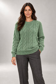 Sarah Cable-Knit Sweater — Ribbed Crew-Neck Pullover — Green studio view