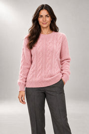 Sarah Cable-Knit Sweater — Ribbed Crew-Neck Pullover — Rose studio view