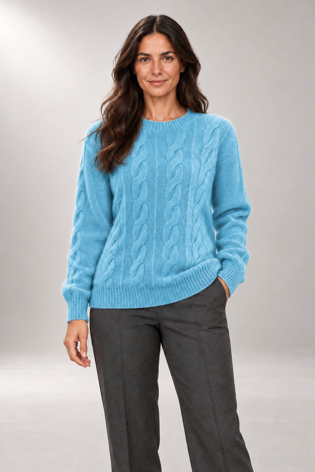 Sarah Cable-Knit Sweater — Ribbed Crew-Neck Pullover — Blue studio view