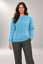 Sarah Cable-Knit Sweater — Ribbed Crew-Neck Pullover — Blue studio view