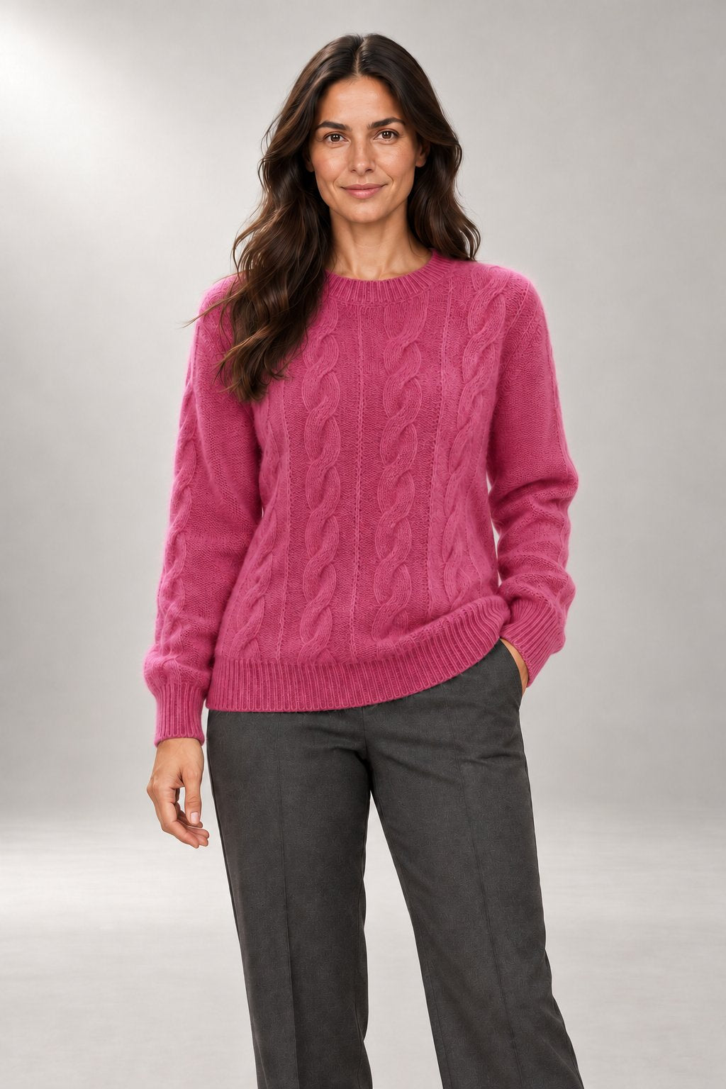 Sarah Cable-Knit Sweater — Ribbed Crew-Neck Pullover — Dark Pink studio view