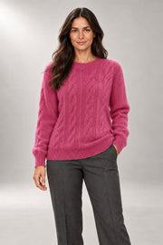Sarah Cable-Knit Sweater — Ribbed Crew-Neck Pullover — Dark Pink studio view