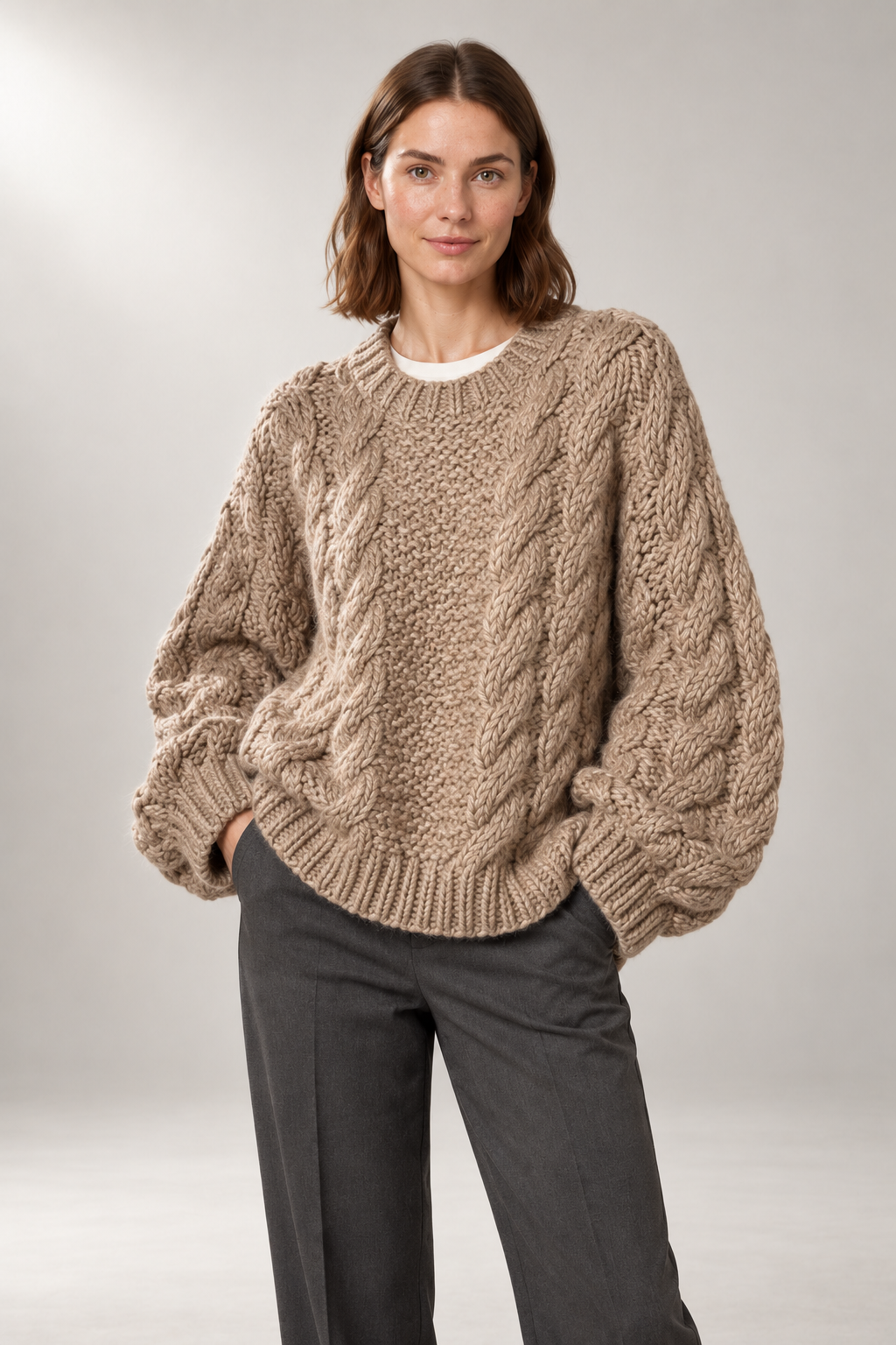 Grace Oversized Sweater — Chunky Cable-Knit Texture — Khaki studio view