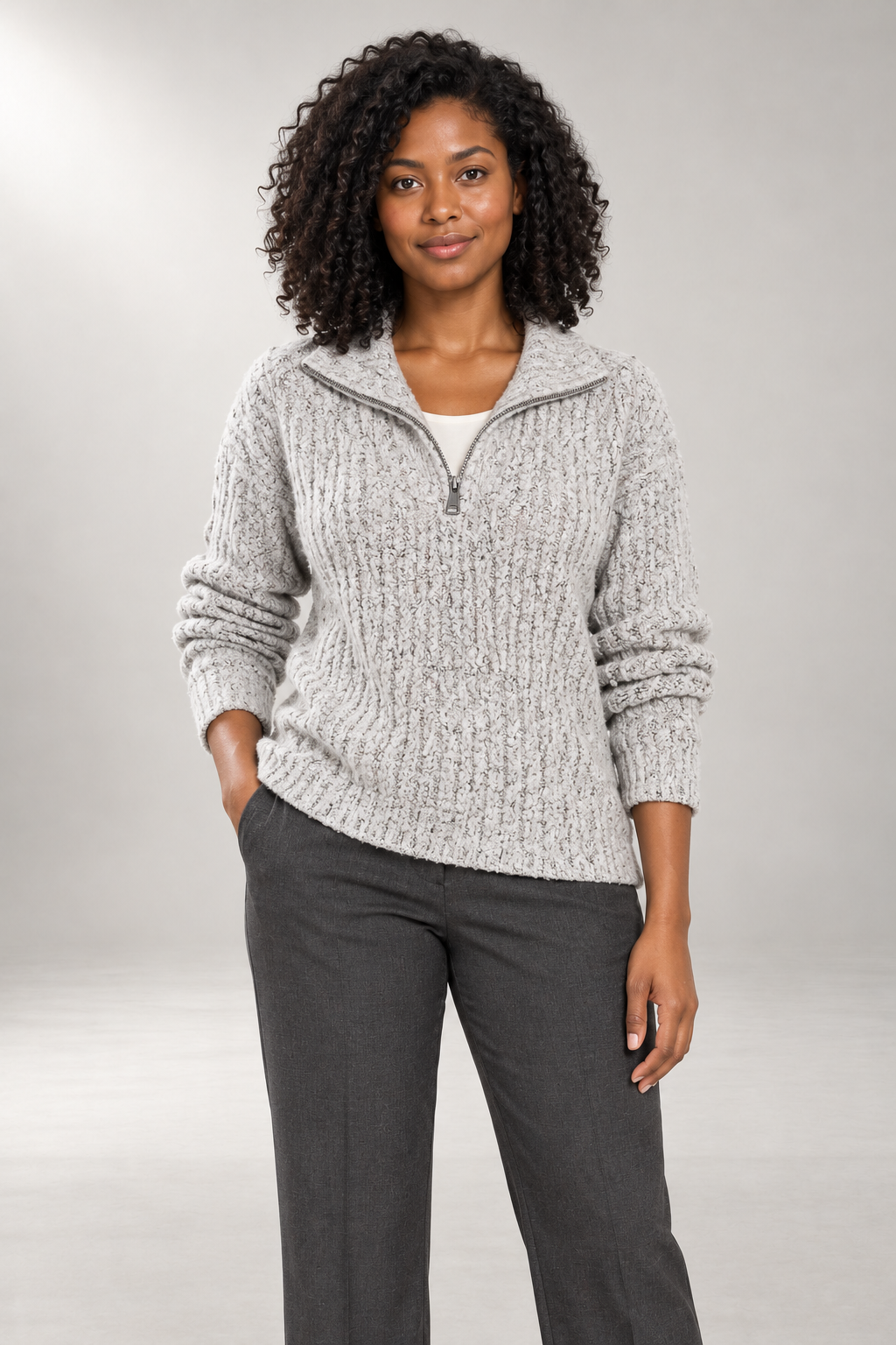 Vanetta Quarter-Zip Sweater — Textured Ribbed Knit — Grey studio view